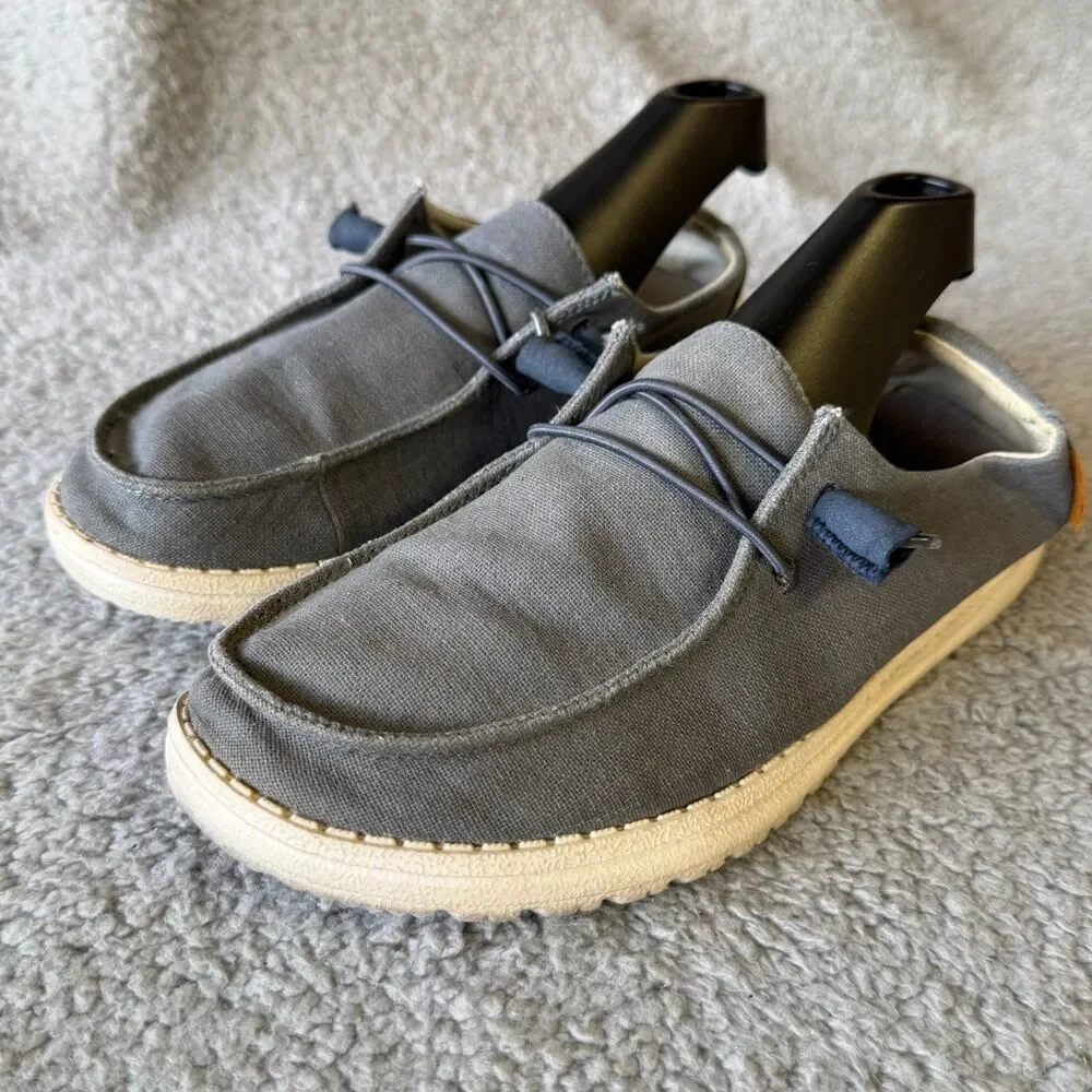 HEY DUDE Wendy Shoes Women 7 Chambray Navy White (Gray) Linen Canvas Slip On